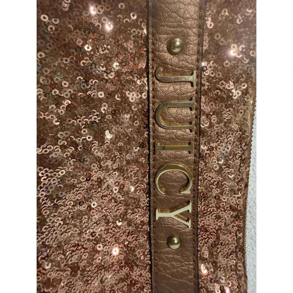 Juicy Couture Sequin Wristlet Women OS Rose Gold Tassel Dual Zip Clutch Bag